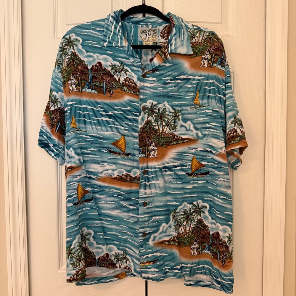 EUC Big Dogs L Short Sleeve Hawaiian Tropical Volcano Button Down Shirt